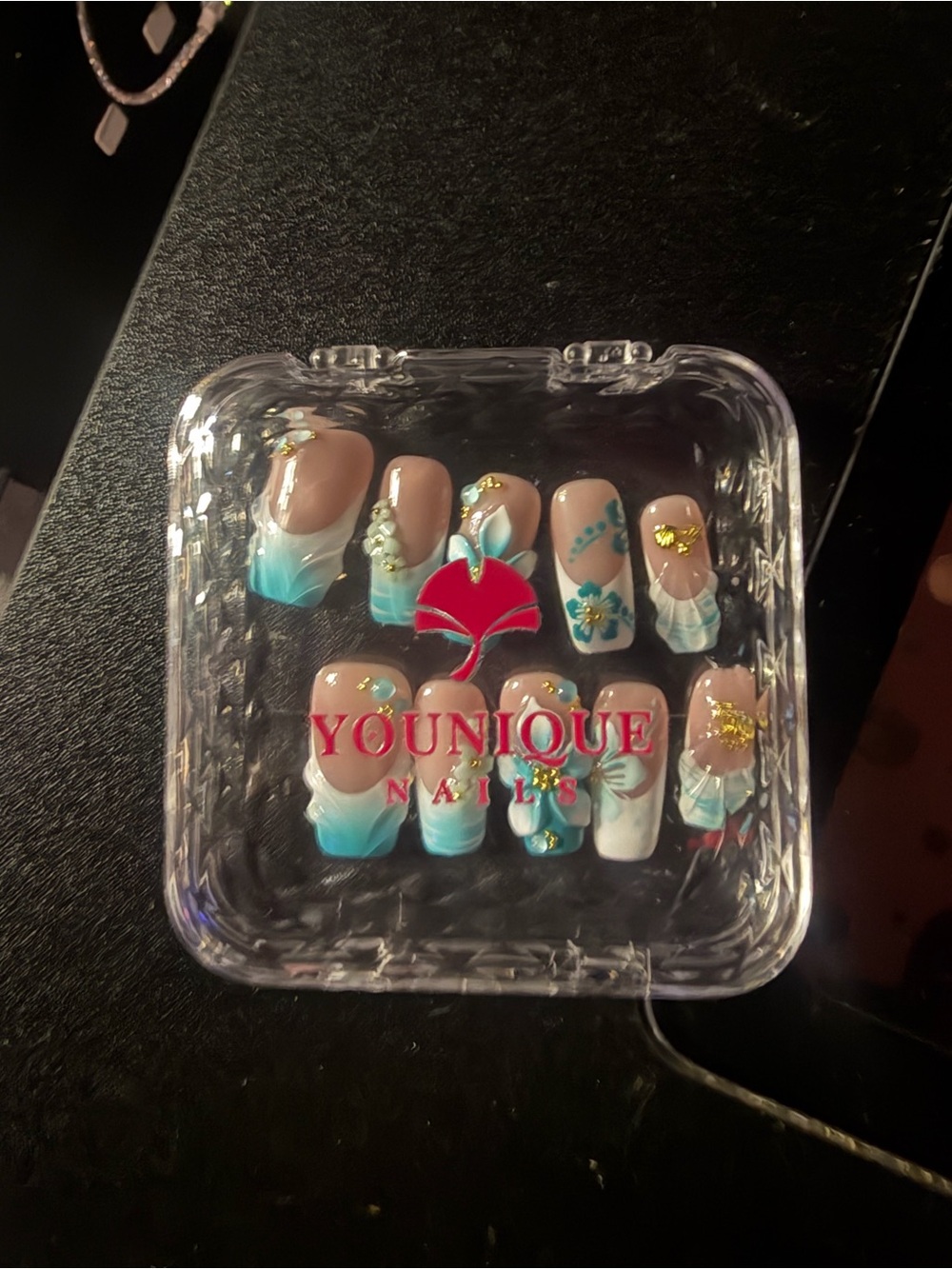 Younique Ombre Aqua & White Floral Press-On Nail Set with Gold Accents